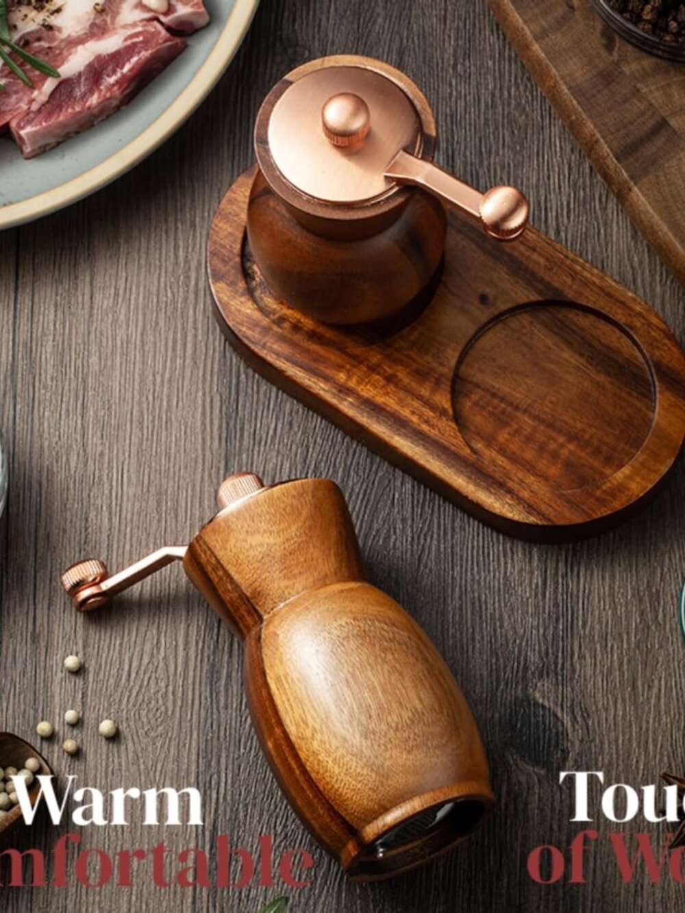 Acacia Wood Salt and Pepper Grinder Set with Holder(1 Pack)